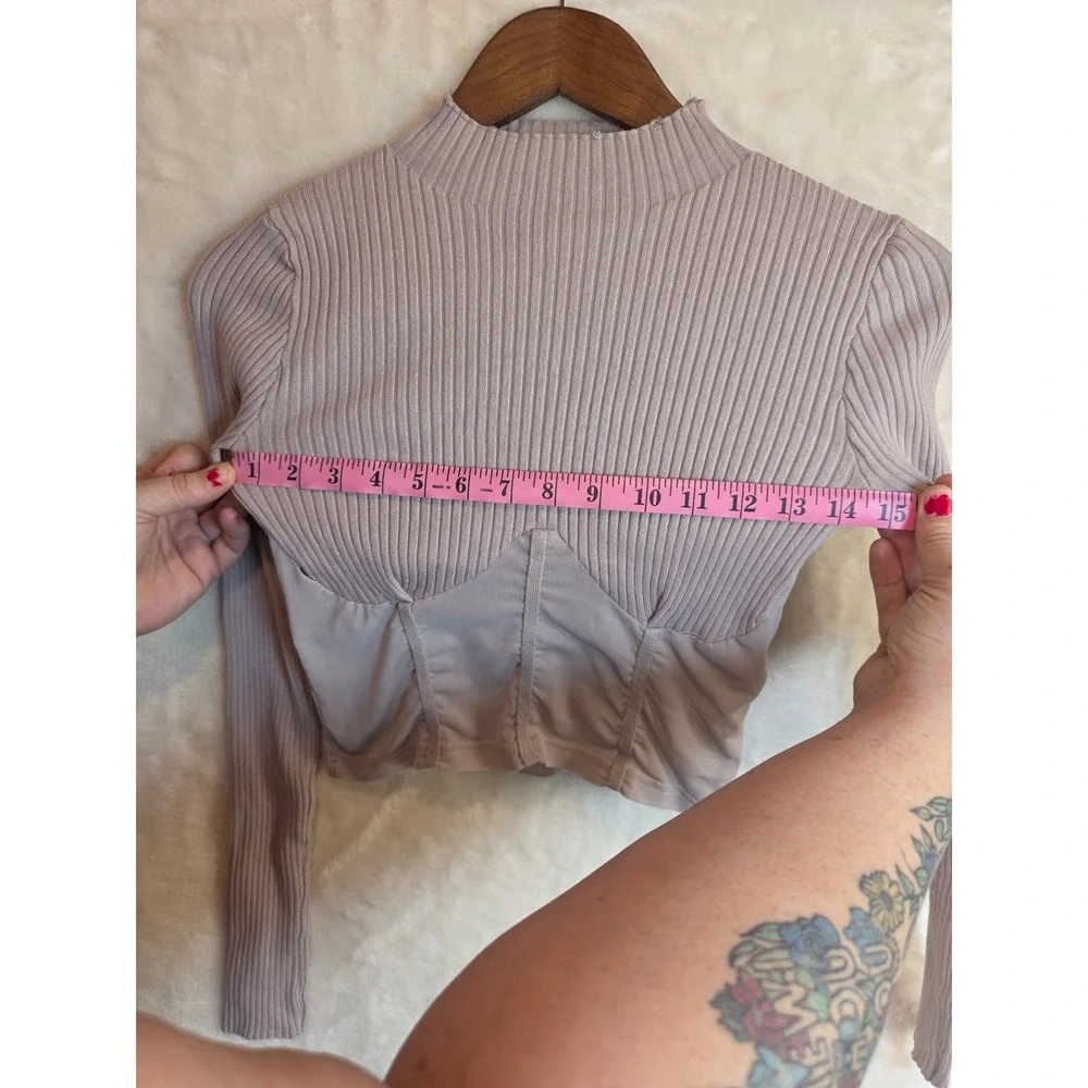 Hera Collection Mauve Ribbed Mock Neck Mesh Corset Top Long Sleeve Small - Picture 4 of 8